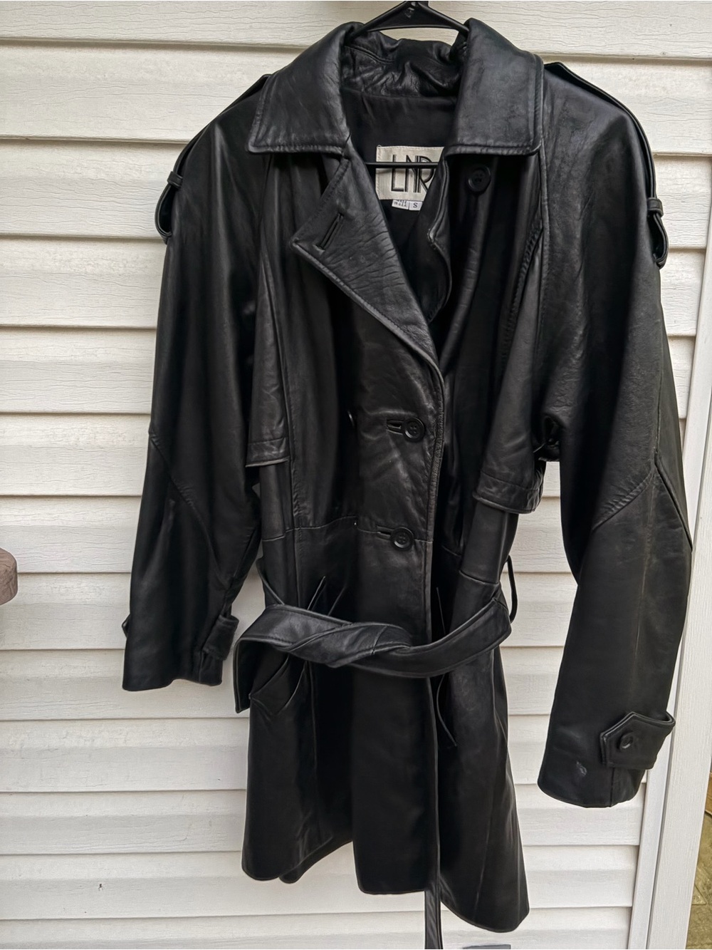 Vintage LNR Black Genuine Leather Belted Trench Coat Made USA S